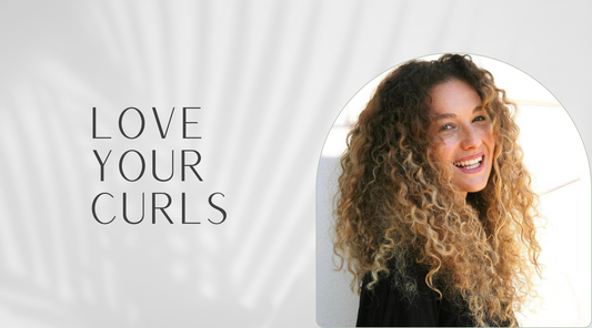 Curly hair model against white back drop with the title 'Love Your Curls'