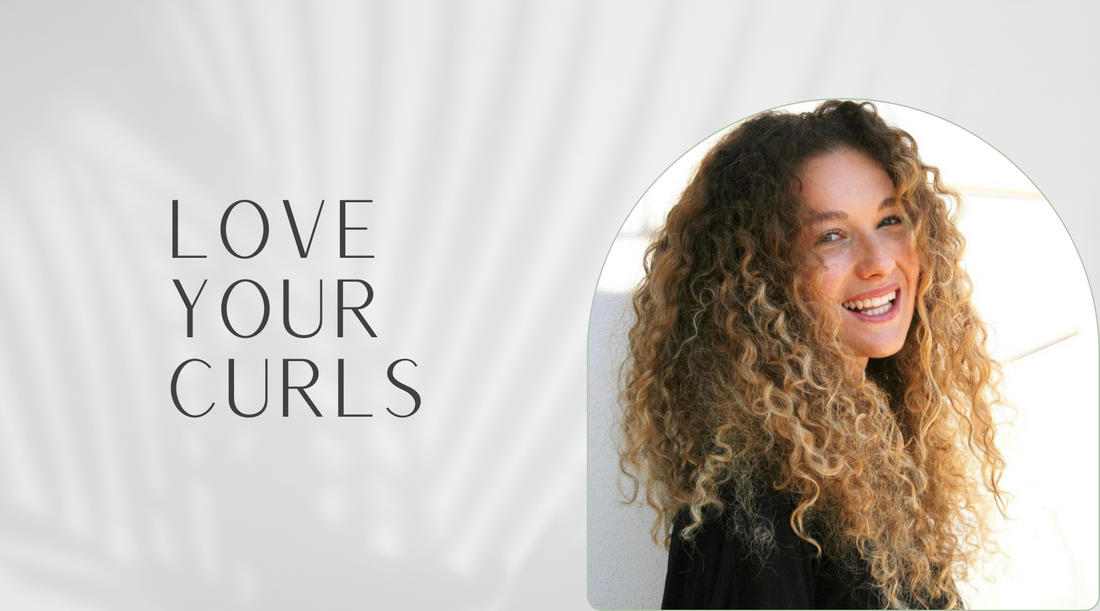 Curly hair model against white back drop with the title 'Love Your Curls' 