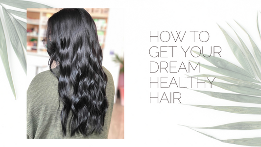 Model with shiny long hair with the title 'How to get your dream healthy hair'
