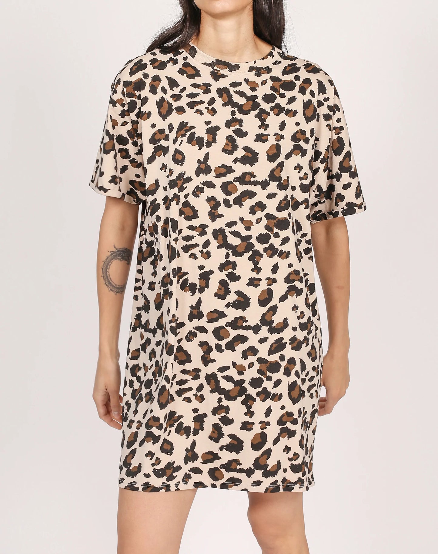 The Boxy Tee DRESS Tan Leopard/Slate Leopard  Brunette The Label